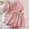 Dress Pink Square Neck Puff Short Sleeve Top Summer Women Blouse Wild Shirts Two Outfits Elastic High Waist Wide Leg Shorts Sets