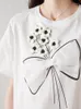 Koszule damskie Słodki, swobodny przemysł ciężki 3D kwiatowy Bowtie krótkie rękaw białe koszulki Summer Podstawowe wierzchołki bawełniane koszulki 2023