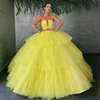 Charming Yellow Ball Gown Wedding Dresses Sheer Plunging Neck Tiered Bridal Gowns Plus Size Sweep Train Tulle Vestidos De Novia3401