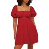 Sukienki swobodne nufiwi kobiety krótkie puff rękawy mini sukienka kwadratowa szyja koronkowa lakierka liniowa Babydoll y2k g czerwony