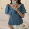 Kvinnors blusar korta denimskjorta 2023 sommardesign temperament kvinnor söta japan flickor blå jeans enkelbröst knapp skjortor