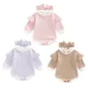 Rompers Autumn 2PCS女の赤ちゃんフォールフィットストライプパッチワークフリル長袖ロンパーヘアバンドセット幼児向け0 18ヶ月230619