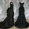 Taffeta kralen gotische Victoriaanse drukte jurk met trein Vampire bal Masquerade Halloween zwarte trouwjurk Steampunk Goth 19e c228Y