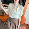 Blusas Femininas 2023 Summer Love Print Chiffon Blusa Feminina Manga Curta com Babados Moda Manga Puff Gravata Laço Collor Top OL