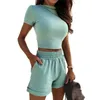 Survêtements pour femmes Ensemble 2 pièces pour femmes Costume de sport confortable Couleur unie Col rond Crop Tops Manches courtes T-shirts Taille haute Shorts Outfit