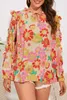 Wholesale Fall Women Boho Clothing Floral Print Long Puff Sleeve Frilled Blouse for women