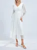 Casual Dresses Wsevypo White Formal Evening Gown Women's Mesh Patchwork Long Sleeve V Neck Flared Midi Dress Vestidos For Wedding Party