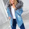 Kurtki damskie Stylowy Parkana retro pluszowy kołnierz jeansowo-moda polarowa wyłożona ciepła płaszcz z rozerwany płaszcz średniej długości