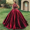 Burgund Spitze Ballkleid Brautkleider High Neck Perlen Brautkleider Plus Größe Applizierte Sweep Zug Satin Vestido De Novia307N