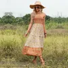 Grundläggande casual klänningar Wildpinky Women Vintage Floral Print Ruffle Layers Long Dress Female Boho Strapless Orange Beach Holiday Vestidos 230619