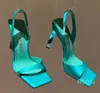 Genuine Silk Sandals Square Toe Solid Color Real Leather High Heels Slippers Ankle Wrap Outdoor Sexy Ladies Party Shoe Summer Fashion Slides