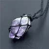 Natural Amethyst Topaz Green Fluorites Raw Stone Pendant Woven Net Stretchable Justering ROPE Halsband för kvinnliga män