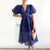 Abiti casual Vita alta Manica a lanterna Abito con scollo a V Tinta unita Filato di maglia Bottone Abito lungo Abiti da festa eleganti casual Donna Estate Vestido J230619