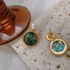 Retro Green Oil Painting Colorful Abalone Shell Stud Earrings Ladies Luxury Design Natural Pearl Earrings Jewelry Gift