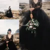 Robes de mariée noires gothiques modernes avec manches longues en dentelle Tulle Puffy Bohemia Party Robes de mariée formelles A Line Beach Dres298E