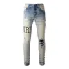 Jeans pour hommes noir en détresse Streetwear mode mince lettres brodées motif Patchwork endommagé maigre extensible déchiré 230619