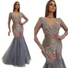 Voir à travers les robes de soirée en cristal arabe aso ebi pure manches longues tulle robes de bal luxueuse fête occasion spéciale robe