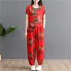 Women's Two Piece Pants Women's Casual Suit Summer Indie Folk Cotton Short Sleeved Crop Top Set China Style Mother's Plus Size