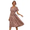 Casual Dresses Elegant Printed Casual Beach Midi Dresses Women Summer V-Neck Kort ärm Empire Midja A-Line Dress Sundress Vestido Robes 9966 J230619