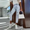 Fashion Streetwear Solid Hole Jeans For Ladies Office Commute Casual Blue Denim Pant Spring Woman Star Print Slim Straight