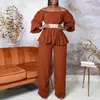 Women's Two Piece Pants Women Elegant Solid Color 2 Set With One Line Neck Lantern Long Sleeve Ruched Loose Top Wide Leg Lncluding Belt