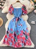 Basic Casual Dresses YuooMuoo Limited Big Sales Women Dress Vintage Print Flowers Sash Bandage Long Summer Elegant Y2K Korean Party Vestido 230619