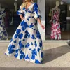 Basic Casual Dresses Summer Elegant Prints Dress Women Hollow Out Backless Vneck Half Sleeve Pleated Beach Holidaywear Vestidos Robes 230619