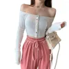 Damesblouses Sexy Dames Off-Shoulder Tops Effen Kleur Vesten Nauwsluitende Knop Lange Mouwen Shirts