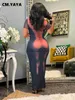 Casual Dresses CM.Yaya Women 3D Body Print Kort ärm O-hals Maxi Long Dress 2023 Streetwear Fashion Club Evening Sexy Dresses Vestidos J230619