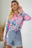 Partihandel Abstract Floral Print Button Up Polyester Long Sleeve Tops Shirts For Women