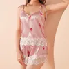 Roupa de dormir feminina Conjunto de sutiã sexy Lingerie Sutiãs femininos com estampa de morango Renda e cetim Conjuntos de calcinhas rosa