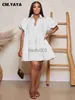 Casual Dresses CM.yaya Elegant Women Puff Sleeve Single Breasted Lapel Collar Babydoll Dress Street White Big Swing Loose Smock Shirt Dresses J230619