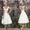 1920s Elegant Tea-Length Wedding Dresses retro V Neck Cap Sleeves Appliques Lace Tulle Ball Gown Short country Wedding Dresses2717