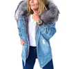 Kurtki damskie Stylowy Parkana retro pluszowy kołnierz jeansowo-moda polarowa wyłożona ciepła płaszcz z rozerwany płaszcz średniej długości