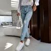 Fashion Streetwear Solid Hole Jeans For Ladies Office Commute Casual Blue Denim Pant Spring Woman Star Print Slim Straight