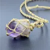 Natural Amethyst Topaz Green Fluorites Raw Stone Pendant Woven Net Stretchable Justering ROPE Halsband för kvinnliga män