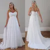 Plus Size Sommer Strandhochzeitskleid Chiffon A-Linie 2021 Spaghettiträger rückenfrei Brautkleider Pailletten Perlen appliziert Spitze Robe292P