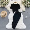 Work Dresses Women Summer Black Sets Sexy Hole T Shirt Tops Long Irregular Split Skirt Design Beach Suit Holiday Elastic Waist Two Piece Set