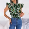 Damenblusen FICUSRONG Damen Frühling Sommer Freizeit Leopardenmuster Holzohr Schnür-Chiffon-Oberteil für Damen-Bluse mit fliegenden Ärmeln