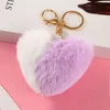 Fancy Double Contrast Color Plush Key Chain Fluffy Heart Shaped Soft Toy Fur Rabbit Pom Pom Keychain DF152