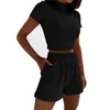 Survêtements pour femmes Ensemble 2 pièces pour femmes Costume de sport confortable Couleur unie Col rond Crop Tops Manches courtes T-shirts Taille haute Shorts Outfit