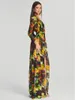 Casual Dresses Modphy Women Summer Sexy V Neck Long Sleeve Floral Print Split Chiffon Maxi Dress with trosor Beach Holiday sundress 2023