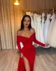 Elegant Red Prom Dresses Off Shoulder Long Sleeves Party Evening Gowns Ruffles Split Formal Long Special Occasion dress