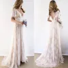 2022 Champagne Country Vestidos de novia bohemios Vestidos con cuello en V Mangas cortas Encaje Sin espalda Vestidos de novia Tallas grandes 205V