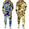 Herrspårsugnar Luxury Vintage 3D Print Hoodie Pants 2 Pieces Tracksuit Set Fashion Golden Flower Mönster Streetwear Hip Hop Men's Clothing Suit 230617