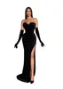 Arabe Noir Sirène Robes De Bal Longues pour Femmes Chérie Velours Dos Nu Perles Haut Côté Split Occasion Formelle Soirée Pageant Fête D'anniversaire Robes sans gants