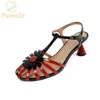 Sandals Phoentin T-strap Flowers Dress Party Sweet Women's Summer 2023 Elegant Med Heels Round Toe Shoes FT2484