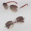 Moissanite Diamond Set Rimless Solglasögon Womans Big Stones Diamond Wood Sun Glasses 8200757 Limited Edition Wood Solglasögon Män Kvinna Ny modell Glasögon Storlek 61