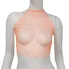 Tanques de mujer M2EA Mujeres Sexy Rhinestones Malla Halter Crop Top See Through Hollow Out Body Jewelry Bikini Camisola para Rave Party Clubwear