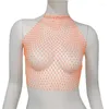 Débardeurs pour femmes M2EA Femmes Sexy Strass Mesh Halter Crop Top Voir à Travers Évider Bijoux de Corps Bikini Camisole Pour Rave Party Clubwear